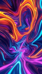 Obraz premium Abstract image of intricate fluid design with flowing visual aesthetic. Glowing vibrant neon gradient colours like fiery orange, electric purple, cyan. Vertical phone wallpaper.