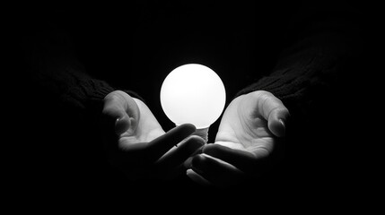 Hands gently cradling a glowing lightbulb in darkness