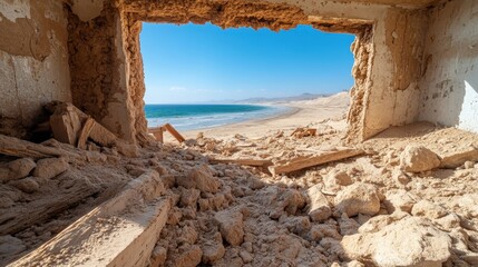 A captivating view through a crumbling wall, offering a stunning outlook at the beach, blending natural beauty with the remnants of human architecture and nostalgia.