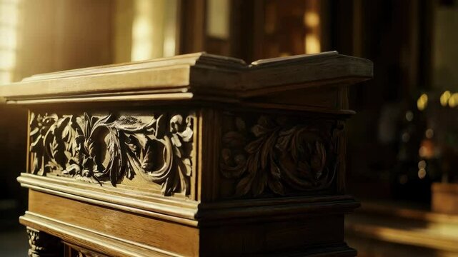Golden light illuminates ornate wooden lectern in peaceful interior setting