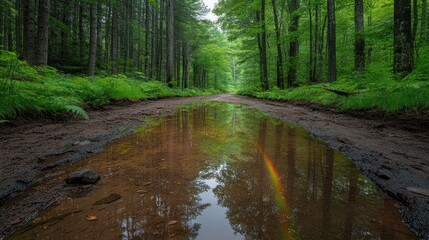 Obraz premium Forest road puddle rainbow after rain, nature
