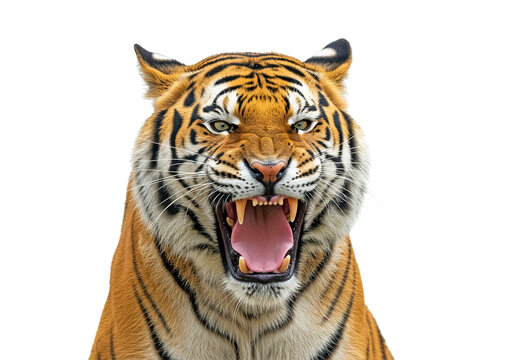 Angry tiger face roaring and open mouth, isolated on white background