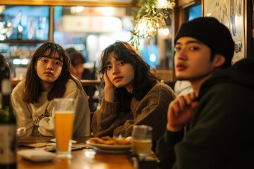 Group of young people sitting on the bench next to light bulb and searching with devises. Internet, communication, relationship and friendship, Generative AI