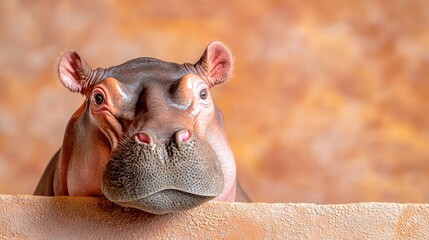 Naklejka premium Curious baby hippopotamus peeking over a concrete wall in a zoo enclosure.