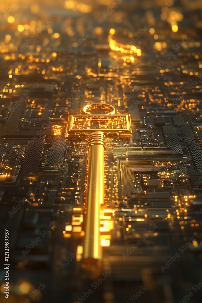 Poster golden key symbolizing digital security and access, set against a backdrop of intricate circuit patt