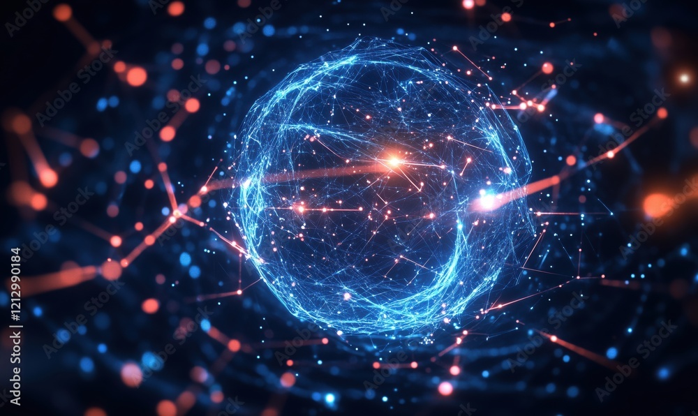 Poster digital sphere representing interconnected data points and networks, glowing with blue and red light