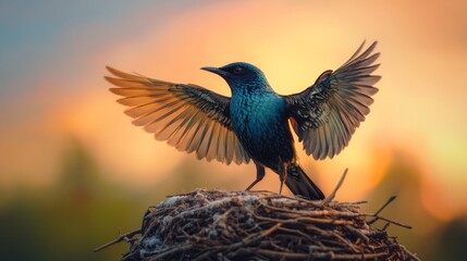 Obraz premium A vibrant bird with striking blue plumage stands on its nest, spreading its wings gracefully as the sun sets in a serene environment, casting warm tones in the background