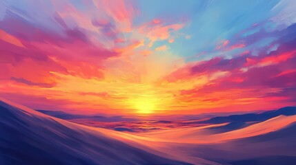 A stunning sunset over a vast desert, with vibrant oranges and pinks painting the sky above the sand dunes.