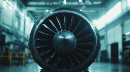 Fototapeta premium A powerful jet engine is prominently displayed in a spacious hangar, with bright lights illuminating its intricate components and showcasing its engineering design