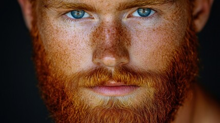 Obraz premium Freckled redhead man portrait, close-up, studio, dark background, advertising
