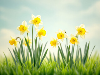 Fototapeta premium Spring daffodils blooming in a lush green field under a bright sky.
