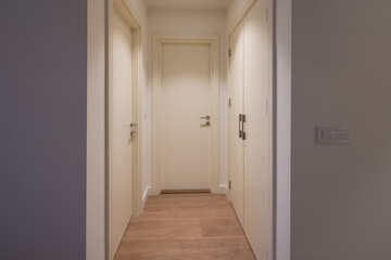 A minimalist hallway with wooden flooring, cream-colored doors,