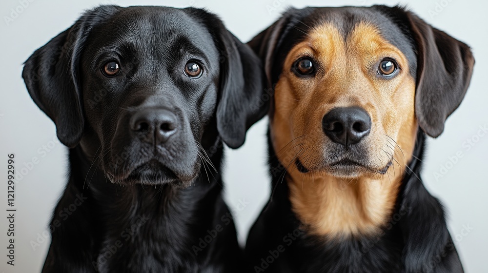 Wall mural Two dogs, one black and one brown, sitting side by side, gazing at the camera with soft expressions