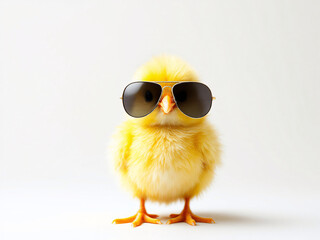 Fluffy yellow chick wearing aviator sunglasses, looking cool and playful.
