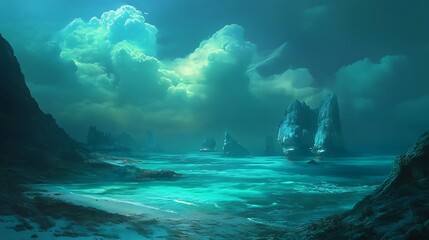 A tranquil ocean bay with vivid aqua hues and a serene atmosphere