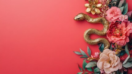 Obraz premium A golden snake surrounded by vibrant flowers on a red background, symbolizing wealth and prosperity for Chinese New Year. Ideal for festive decorations, greetings, and seasonal marketing