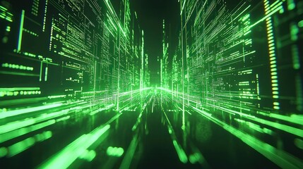 Green data stream flowing through digital city.