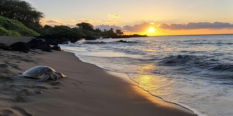 Hawaiian green sea turtle basking on sandy beach at sunset, waves gently lapping, lush greenery in background, serene coastal landscape