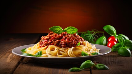 Fototapeta premium Close-up of Beef Spaghetti Bolognese with Cheese and Basil on Wooden Table Background, Perfect for Cookery and Cooking