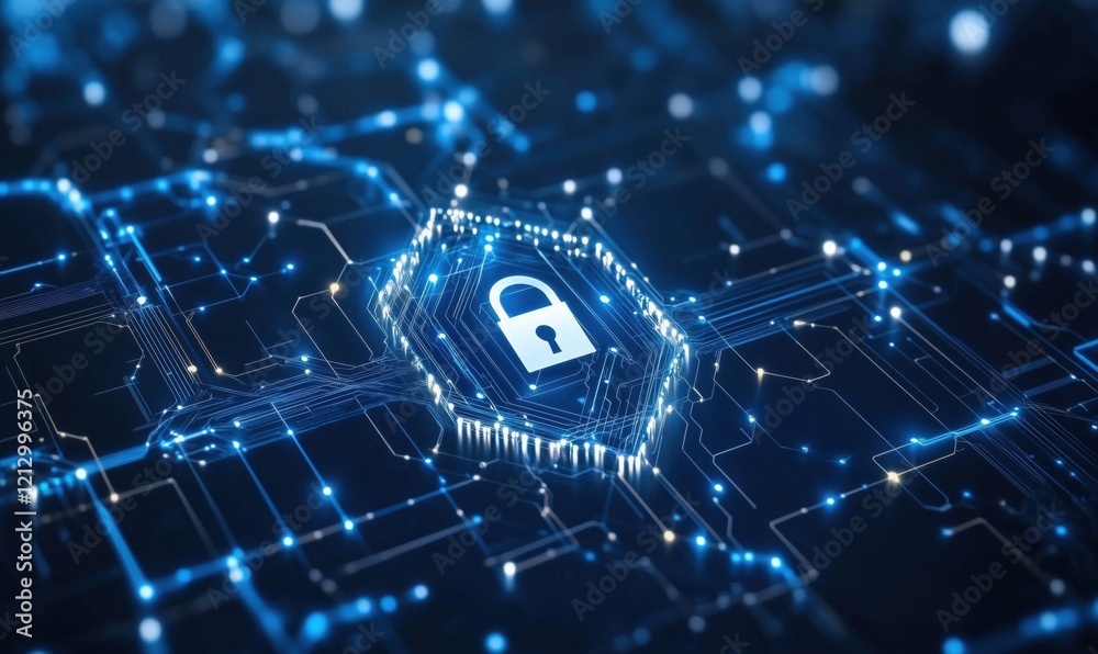 Poster cybersecurity concept with lock symbol on digital circuit background, representing data protection a