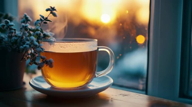 Tranquil tea moment at sunset with warm light and cozy ambiance