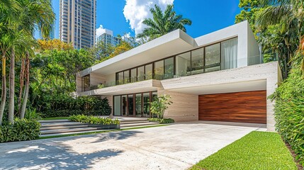 Fototapeta premium Modern Miami house, city view, tropical landscaping, real estate.