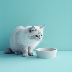 Curious Cat Tilting Its Head at an Empty Food Bowl on a Blue Background