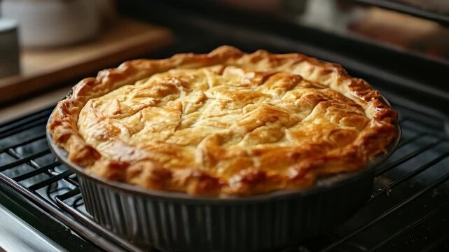 Golden pie baking timelapse in oven with crispy flaky crust