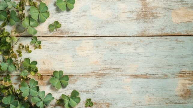 St. Patrick's Day Celebration with Whimsical Clovers on Rustic Wooden Background