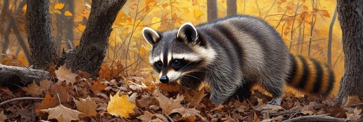 Obraz premium Curious Raccoon Rummaging Through Fallen Leaves in Autumn Woods