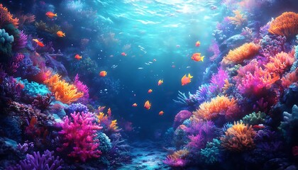 Vibrant coral reef teeming with colorful fish, bathed in sunlight.