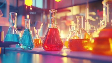 Colorful chemical reaction in laboratory during evening hours showcases vibrant glassware and various liquids