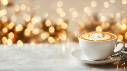 Fototapeta premium A minimalist white coffee cup is showcased in a gentle light setting with soft bokeh, imparting an air of sophistication and a delightful coffee experience.