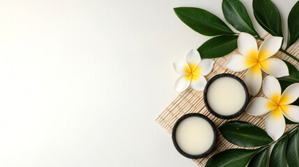 A serene arrangement of natural elements featuring two bowls of cream, tropical flowers, and leaves on a bamboo mat, evoking tranquility and wellness.