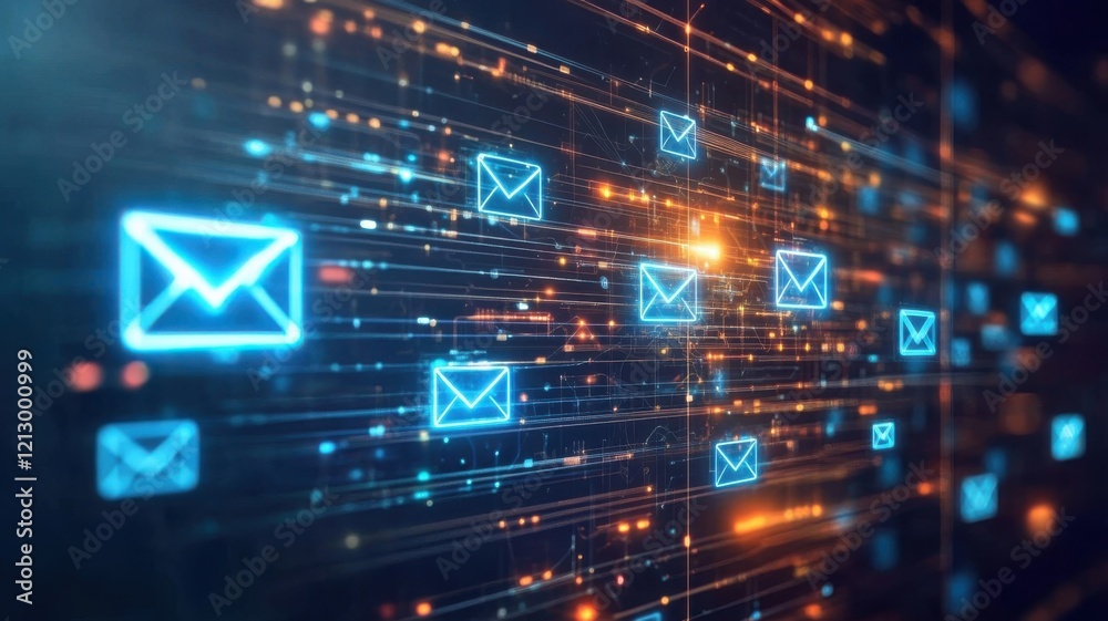 Fototapete Digital email icons interconnected by glowing lines in a technological landscape representing communication networks
