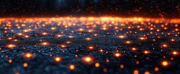 Fototapeta premium Glowing Embers Dance Across a Dark Surface, Creating a Mesmerizing Visual Spectacle; Abstract Art with Fire and Light Effects Evokes Mystical Feelings.