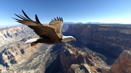 Fototapeta premium A majestic bald eagle soars effortlessly over a sprawling, rugged canyon, embodying freedom and grandeur against the clear sky.