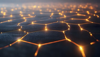 Obraz premium A close-up view of a futuristic surface featuring glowing hexagonal patterns, creating an abstract and high-tech aesthetic that embodies the essence of innovation and progress.