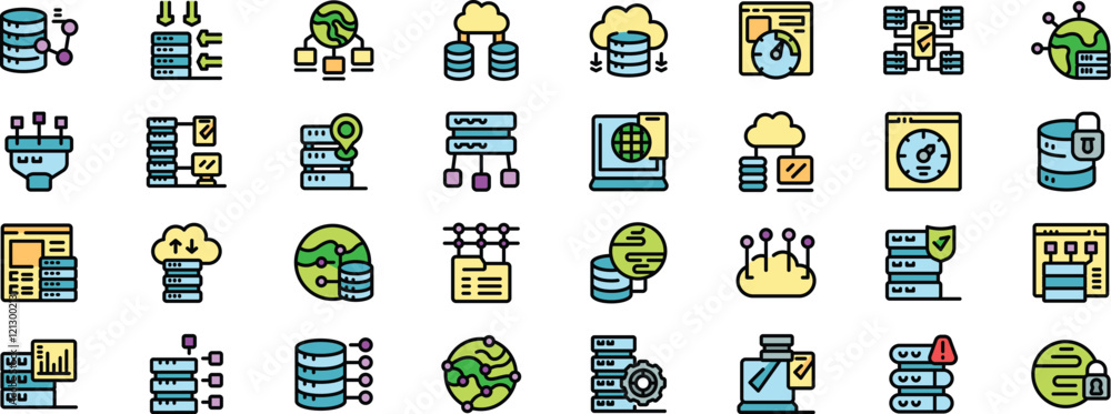 Poster colorful data hosting icons representing various aspects of cloud computing, server processes, and d