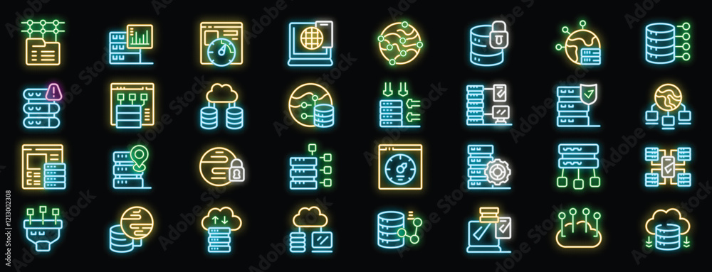 Poster neon icons representing various aspects of data storage, server management, cloud computing, and dat