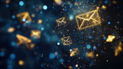 Golden envelopes float through a starry digital space filled with twinkling lights and vibrant colors
