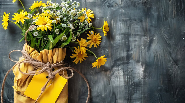 Mothers day tag and yellow flowers on wooden background