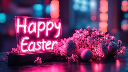 Bright neon Easter celebration display featuring flowers and decorative eggs in a festive atmosphere