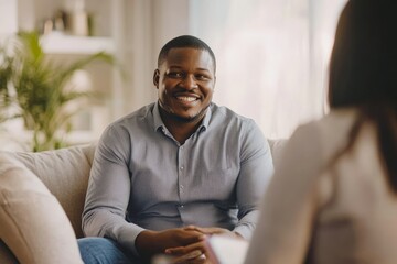 Cheerful African American financial advisor on a meeting with a couple., Generative AI