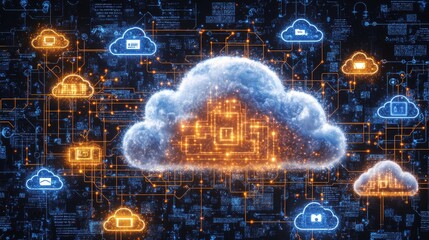 Obraz premium Cloud Computing: Understanding Data Storage, Network Connectivity, and Server Infrastructure for Efficient Digital Operations and Secure Data Management, Enhancing Business Processes Globally.