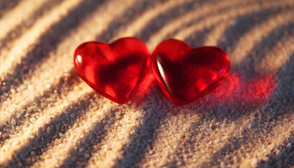 Fototapeta premium Valentines Day red hearts on sea beach sand
