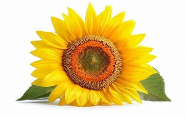 Fototapeta premium Vibrant Yellow Sunflower Closeup with Green Leaves Isolated on White Background