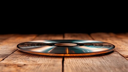 A classic vinyl record rests elegantly on a wooden surface, representing the nostalgia and enduring charm of analog music in a warm, inviting atmosphere.
