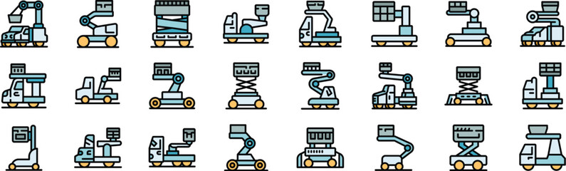 Collection of lifting platform icons representing various types of scissor lifts, boom lifts, and aerial work platforms used in construction, maintenance, and other tasks requiring elevated access