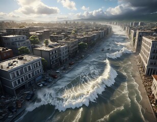 Coastal City Devastation: Dramatic Waves Crashing Through Ruins